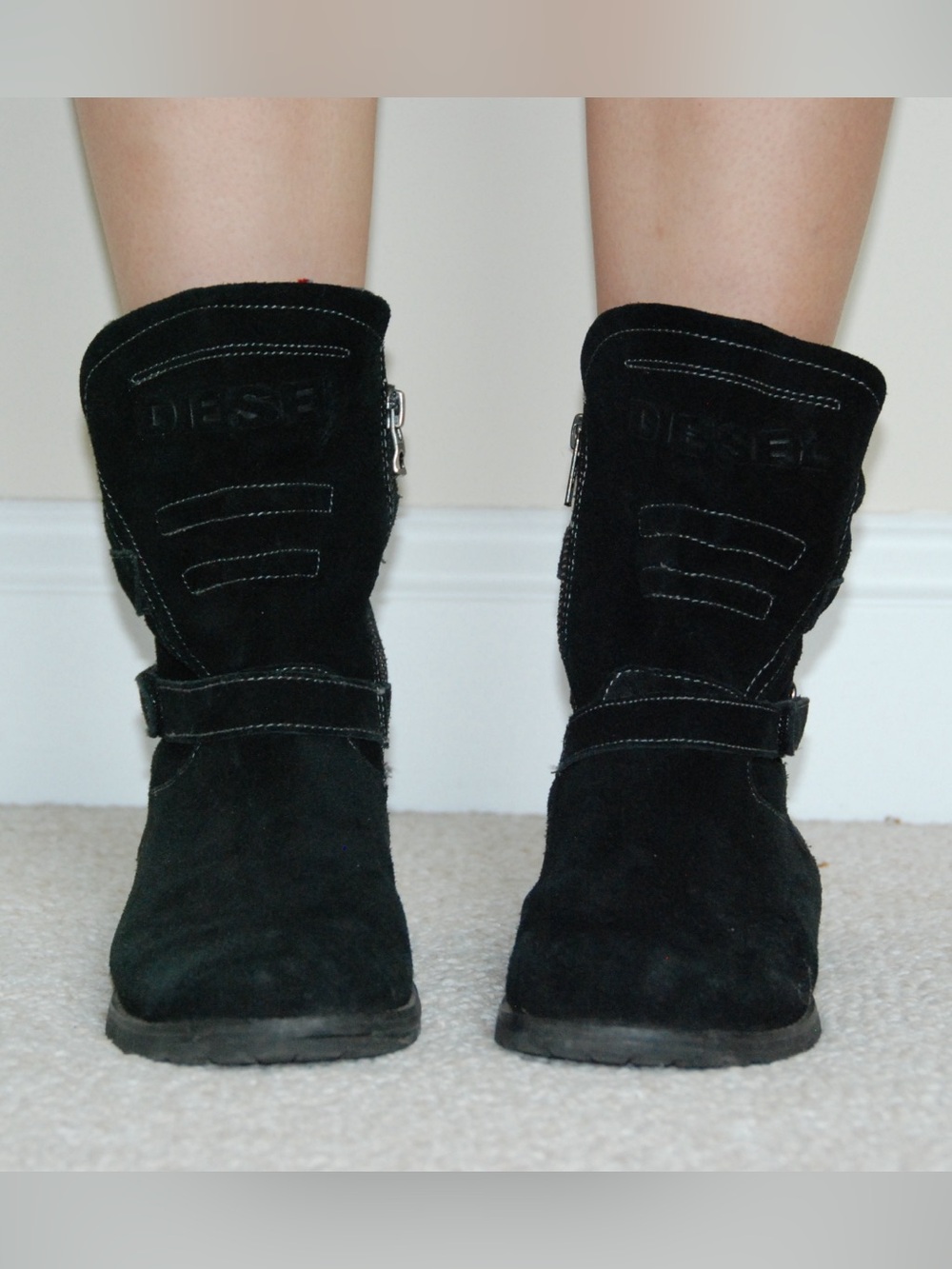 Diesel Black Suede Ankle Zip Heeled Boots